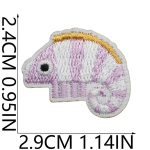 Detail view of purple and white chameleon embroidery patch with dimensions 2.9x2.4cm