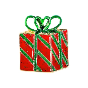Festive Christmas gift box brooch with red enamel, green glitter and gold metal finish