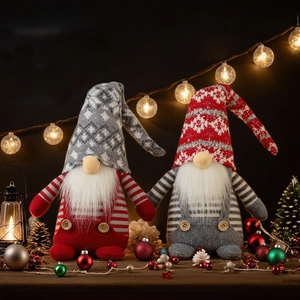 Christmas gnomes with knitted hats and overalls shown in a cozy holiday setting