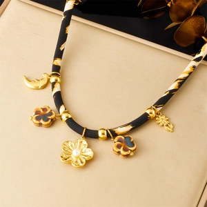 Vintage Leopard Print Fabric Rope Necklace Stainless Steel Gold Plated Moon Flower Camellia Artificial Pearl Pendant For Women
