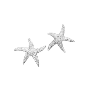 Sparkling starfish stud earrings with silver-tone textured finish and nautical style