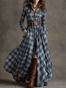 Detail of blue and white plaid shirt dress with brown leather belt and flannel texture