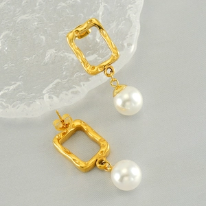 Vintage French style gold stainless steel earrings with rectangle studs and white pearls