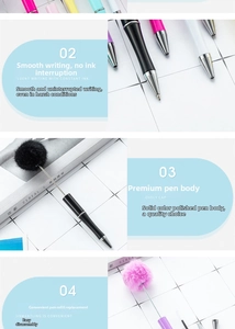 Detailed close-up of a DIY beaded ballpoint pen with a large fluffy plush pom-pom top