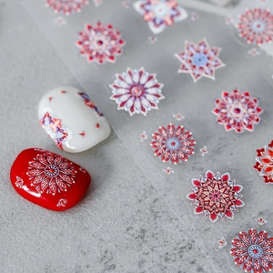 3D bohemian mandala nail stickers with red and blue floral patterns and silver details