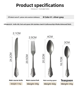 Detailed size chart for vintage matte 304 stainless steel cutlery set with weights