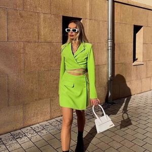 Women Clothing Suit Neon Green Woven Polyester Cropped Lace Up Blazer And Mini Skirt Streetwear Stylish Clubwear