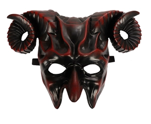 Close-up of a 3D devil mask featuring curved horns and a red-black gradient texture