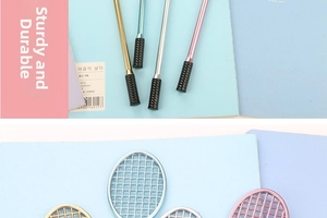 Detail of badminton racket creative pens showing metallic colors and textured grid frame