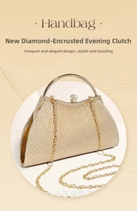 Detail of gold evening clutch featuring pleated fabric, metal handle, and diamond clasp