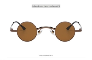Close-up of steampunk round bronze sunglasses with brown lenses and metal frame C12