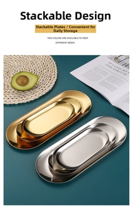 Stackable gold and silver oval stainless steel trays shown in a modern home setting
