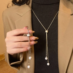 Collier Ajustable de Style Coréen en Forme de Y avec Pendentif en Zirconia et Perle Artificielle pour Femme