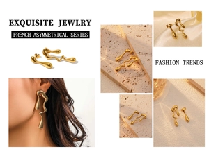 Exquisite gold-plated asymmetrical earrings with a liquid metal texture and wavy droplet design