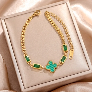 18k rose gold plated clover bracelet with green rectangle stones in luxury jewelry box