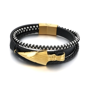 Bracciale punk da uomo in pelle con ciondolo a freccia d'oro e chiusura magnetica