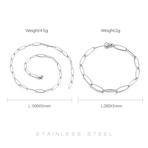 Detailed dimensions of silver stainless steel oval link necklace and bracelet set