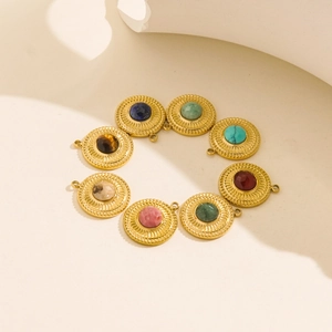 Stainless Steel Natural Stone Pendants Sunburst Geometric DIY Jewelry Making Accessories Gold Plated Round Charms Women