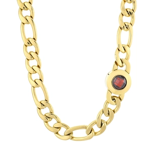 Gold Figaro chain necklace for men with red crystal pendant and secure snap clasp