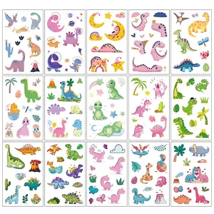 Set of 15 colorful glitter dinosaur temporary tattoos for kids with cartoon patterns