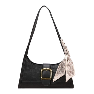 Elegant black crocodile texture shoulder bag with gold clasp and silk scarf decoration