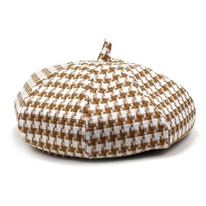 Classic brown houndstooth tweed beret hat for women with minimalist retro design
