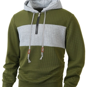 Men's waffle texture hoodie with olive green and grey patchwork and half-zip design