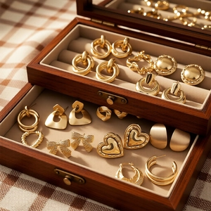 Detailed view of assorted gold earrings displayed in a luxury wooden jewelry storage box