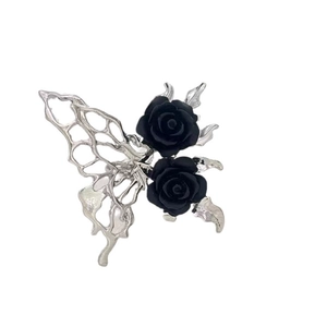 Liquid metal silver butterfly and black rose adjustable open ring on white background