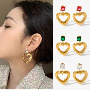 Boucles D'oreilles Pendantes Coeur Acier Inoxydable Zircon Carré Incrusté Bijoux Géométriques Creux Pour Femmes