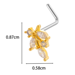 L-shaped gold nose stud with leaf zircon design showing precise 0.87x0.58cm dimensions