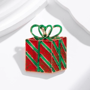 Christmas gift box brooch in red and green enamel with glitter and gold plating