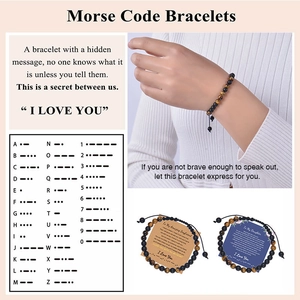 Bracelet code Morse en œil de tigre avec cordon ajustable et emballage cadeau