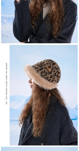 Detail of leopard print faux fur bucket hat with plush trim and soft warm lining