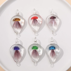 Set of six colorful jellyfish glass pendants in clear teardrop shapes for DIY jewelry