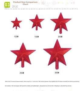Size chart showing dimensions of red glitter star tree toppers from 12cm to 30cm