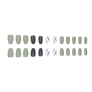 Short coffin press-on nails with army green, dark grey and marble pattern in matte finish