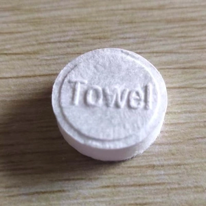 Macro shot of a round white compressed disposable cotton towel with Towel text engraving