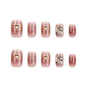 30 faux ongles dégradés rouges avec strass de luxe et perles, forme courte et carrée
