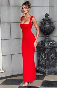 Elegant red square neck maxi dress with slim fit and wide straps in an outdoor setting