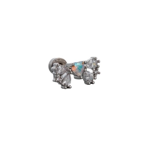 Silver butterfly earring with heart opal and zircon stones, screw back closure