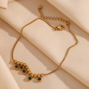 Elegant 18K gold plated stainless steel anklet with green zircon and gold beads