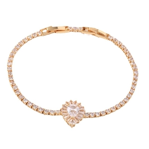 Elegant gold-tone tennis bracelet featuring a pear-shaped zircon cluster and folding clasp