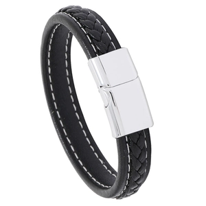 Minimalist black braided leather bracelet with white stitching and silver magnetic clasp