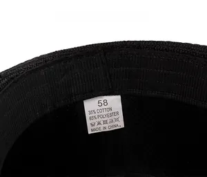 Close-up of internal care label on fedora hat showing 58 size and fabric composition