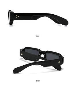 Side and back view of black square sunglasses with decorative gold star rivets