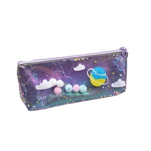 Star Travel laser iridescent purple stationery pouch with planet motifs and pom-poms
