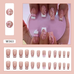 Pink heart and glitter star patterns on French ballerina press-on nails set W363