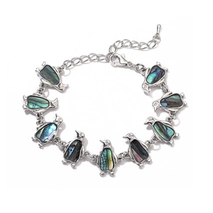 Silver penguin bracelet with colorful abalone shell inlay charms and extension chain