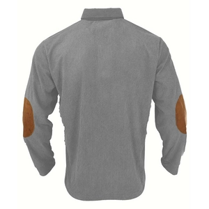 Detailed back view of grey corduroy polo shirt with brown elbow patches and ribbed texture